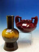 A SALOPIAN ART POTTERY OCHRE AND BROWN INVERTED THISTLE SHAPED VASE. H 24cms. TOGETHER WITH A RUBY