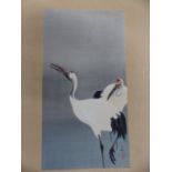 KOSON, THREE JAPANESE WOODBLOCK PRINTS DEPICTING GEESE, CRANES AND CHICKENS. 34.5 x 18.5cms
