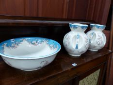 A PAIR OF LATE 19th C. BROWNFIELD WASH JUGS AND BOWL RETAILED BY OETZMANN PRINTED WITH BROWN FLOWERS