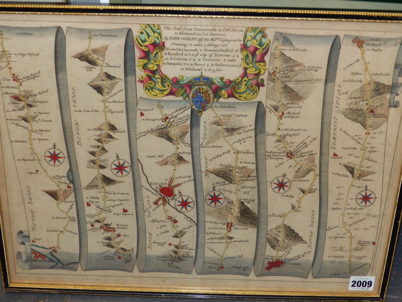 AFTER JOHN OGILBY. AN ANTIQUE HAND COLOURED MAP, THE ROAD FROM DARTMOUTH TO MINEHEAD 35 x 46cms