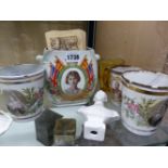 A COLLECTION OF ROYAL MEMORABILIA, TO INCLUDE: THREE ENAMEL BEAKERS, A PRINTING BLOCK, A TIN, A BUST