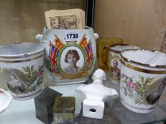 A COLLECTION OF ROYAL MEMORABILIA, TO INCLUDE: THREE ENAMEL BEAKERS, A PRINTING BLOCK, A TIN, A BUST