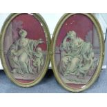 19th.C.CONTINENTAL SCHOOL. A PAIR OF NEOCLASSICAL STYLE FIGURAL OVAL PANELS, OIL ON BOARD. 51 x