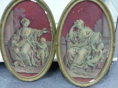 19th.C.CONTINENTAL SCHOOL. A PAIR OF NEOCLASSICAL STYLE FIGURAL OVAL PANELS, OIL ON BOARD. 51 x