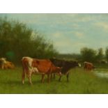 W. F. HULK. (LATE 19th.C.SCHOOL). CATTLE WATERING, SIGNED OIL ON CANVAS, LAID DOWN. 29 x 44cms.