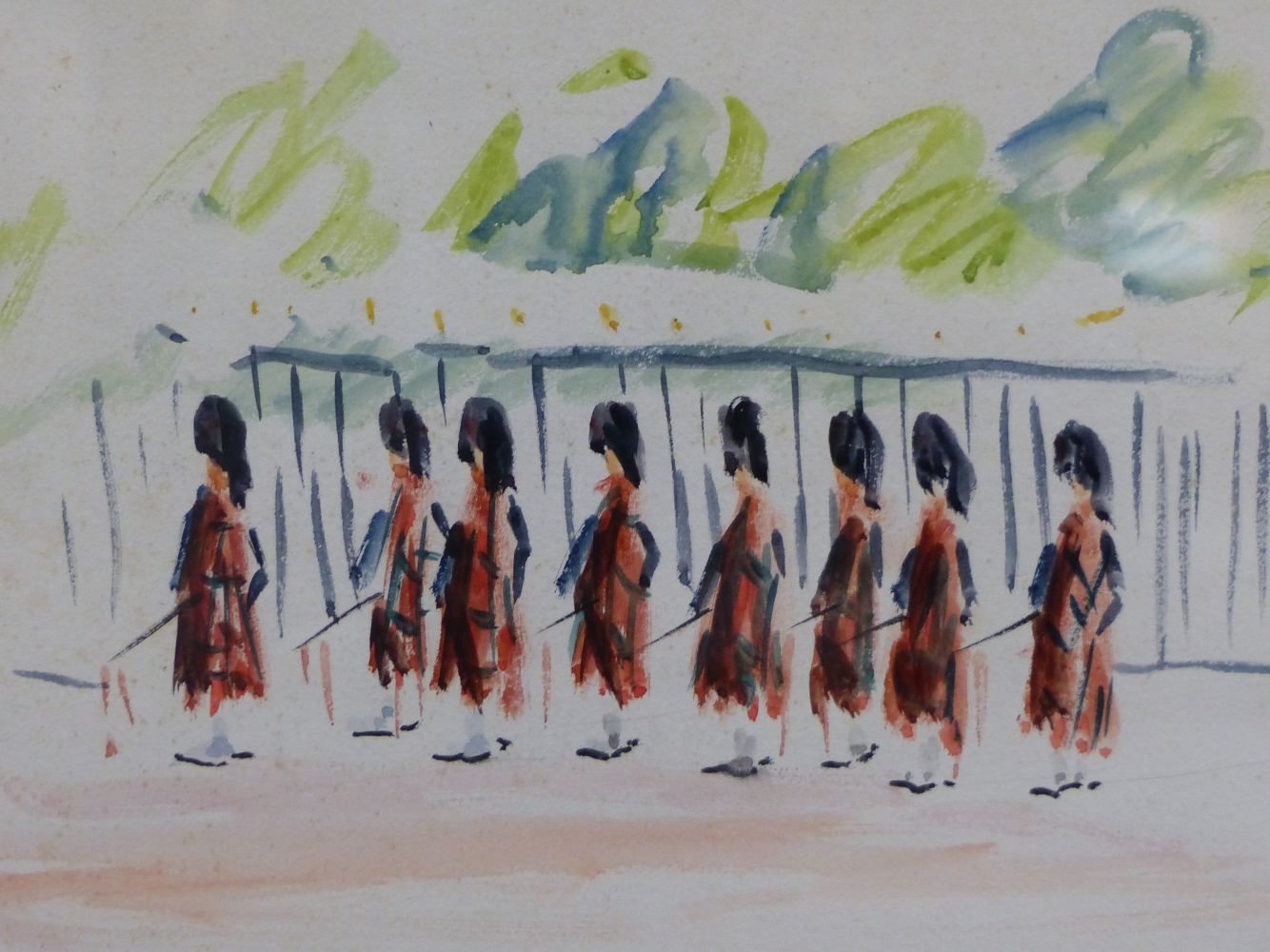 PAUL LUCIEN MAZE (1887-1979) ARR. HIGHLANDERS ON PARADE, INITIALLED, WATERCOLOUR. 29 x 41cms.