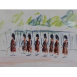 PAUL LUCIEN MAZE (1887-1979) ARR. HIGHLANDERS ON PARADE, INITIALLED, WATERCOLOUR. 29 x 41cms.