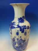 A CHINESE BLUE AND WHITE BALUSTER VASE PAINTED WITH LADIES ON A TERRACE BACKED BY A SCREEN BELOW