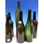 FOUR GREEN GLASS BOTTLES AND TWO BROWN, THREE OF THE FORMER WITH SEALS READING LPG, CHATEAU