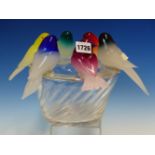 PINO SIGNORETTO (1944-2017), A MURANO CLEAR GLASS BOWL SURMOUNTED BY SIX COLOURED BIRDS. H 19.5cms.