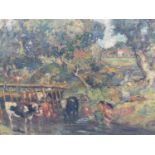 WILLIAM MOUNCEY. (1852-1901) CATTLE WATERING AND CHILDREN WADING. SIGNED, OIL ON CANVAS. 88 x