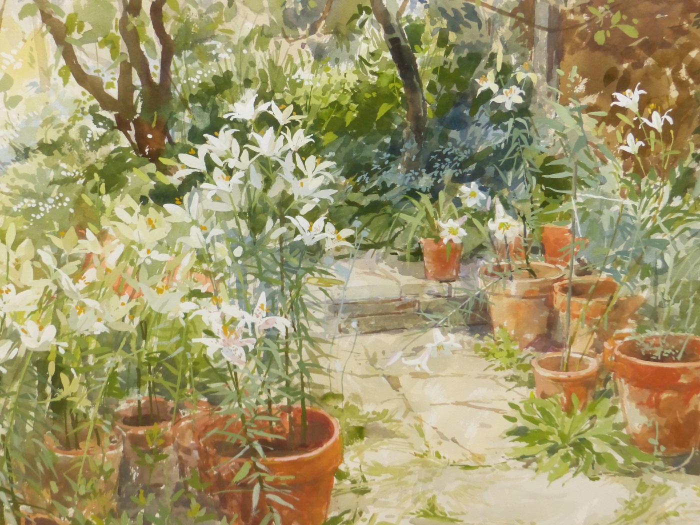 PAMELA KAY. CONTEMPORARY. ARR. LILLIES IN THE GARDEN, SIGNED WATERCOLOUR, GALLERY LABEL VERSO. 50