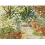 PAMELA KAY. CONTEMPORARY. ARR. LILLIES IN THE GARDEN, SIGNED WATERCOLOUR, GALLERY LABEL VERSO. 50