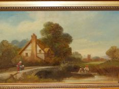 A RUSTIC RIVER VIEW WITH A THATCHED COTTAGE, 19th.C.ENGLISH SCHOOL, OIL ON CANVAS. 20 x 31cms.