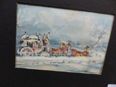 SCHOOL OF H.ALKEN. A COACH AND FOUR SNOWBOUND, WATERCOLOUR TOGETHER WITH ANOTHER BY A DIFFERENT