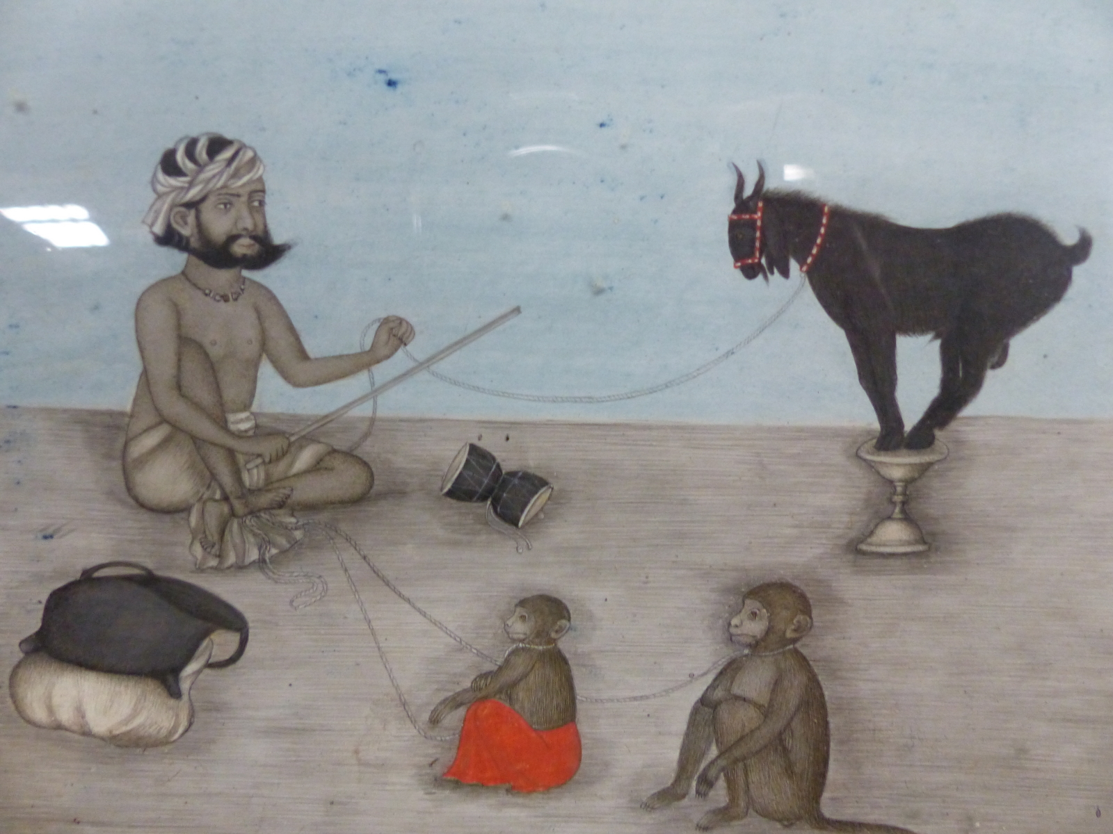 AN INDIAN MINIATURE DEPICTING A SEATED MAN WITH HIS PERFORMING GOAT AND MONKEYS. 23 x 19cms. - Image 3 of 17