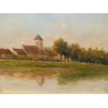 19/20th.C.CONTINENTAL SCHOOL. A RIVER VIEW, OIL ON CANVAS. 46.5 x 55cms.