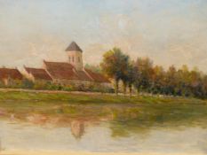 19/20th.C.CONTINENTAL SCHOOL. A RIVER VIEW, OIL ON CANVAS. 46.5 x 55cms.