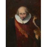 19th.C.ENGLISH SCHOOL. PORTRAIT OF A GENTLEMAN IN 17th.C.STYLE COSTUME, OIL ON BOARD. 30 x 24cms.