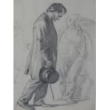 JOHN DAWSON WATSON 1832-1892- . PORTRAIT OF A GENTLEMAN HOLDING A TOP HAT. PENCIL DRAWING. 24 x 16.5
