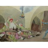 19th.C.ENGLISH SCHOOL. FOUR COMIC CARICATURES INTERIOR SCENES, WATERCOLOUR. 38 x 44cms (4).