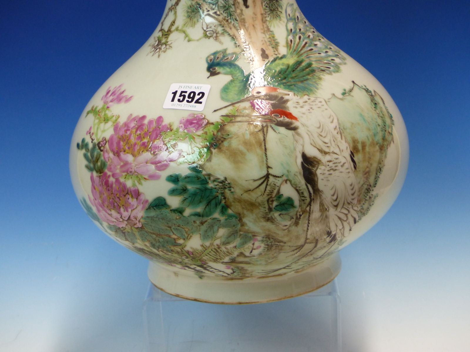 A CHINESE BOTTLE VASE PAINTED ON ONE SIDE WITH A PEACOCK AND TWO CRANES AMONGST FLOWERS AND WITH - Image 2 of 13