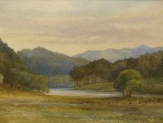 A GROUP OF FOUR 19/20th.C.LANDSCAPE WATERCOLOURS TO INCLUDE A SCOTTISH VIEW BY ISABEL GURNEY. 30 x