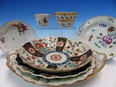 A BOW FLORAL PLATE. Dia. 17.5cms. THREE 18th C. WORCESTER PLATES, A DUESBURY DERBY LOZENGE SHAPED