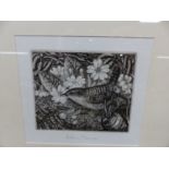 ROBIN TANNER. (1904-1988) ARR. WREN AND PRIMROSES, PENCIL SIGNED ETCHING. 13 x 14cms.
