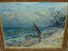 20th.C.SCHOOL. A SOUTH PACIFIC COASTAL VIEW, SIGNED INDISTINCTLY, OIL ON CANVAS BOARD. 26.5 x 31.