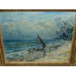 20th.C.SCHOOL. A SOUTH PACIFIC COASTAL VIEW, SIGNED INDISTINCTLY, OIL ON CANVAS BOARD. 26.5 x 31.