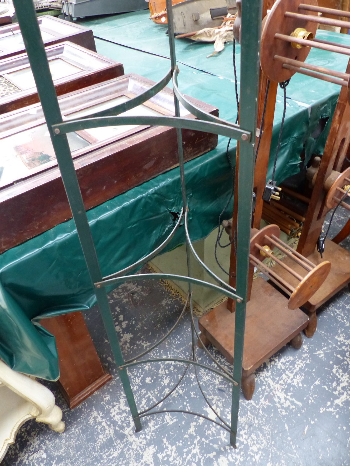 A GREEN PAINTED IRON SEVEN RACK POT STAND, THE THREE STRAPS SUPPORTING THE SHELVES TAPERING TO HOOKS - Image 2 of 3