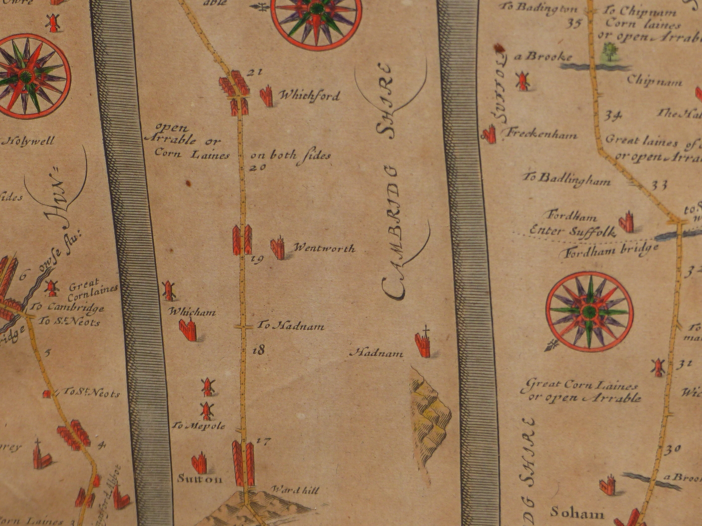 AFTER JOHN OGILBY. AN ANTIQUE HAND COLOURED MAP, THE ROAD FROM HUNTINGDON TO IPSWICH. 35 x 46.5cms. - Image 5 of 12