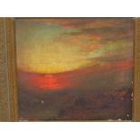 J. MULREADY. 19th/20th.C. THE SUNSET, SIGNED, OIL ON PANEL. 17.5 x 17.5cms.