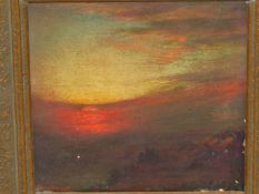 J. MULREADY. 19th/20th.C. THE SUNSET, SIGNED, OIL ON PANEL. 17.5 x 17.5cms.