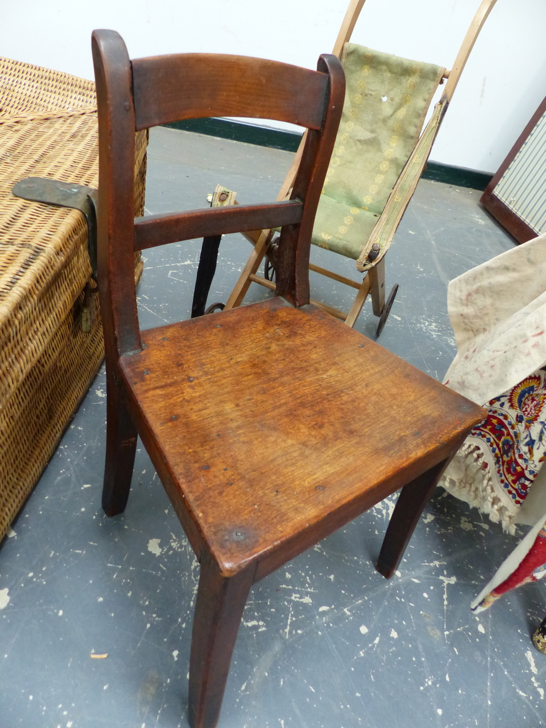 A VINTAGE WICKER HAMPER, CHILD'S CHAIR, A DOLL'S PUSH CHAIR, A STOOL, TEXTILES, ETC. - Image 7 of 8