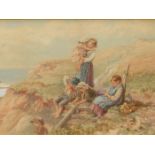 19/20th.C.ENGLISH SCHOOL. THE TOP OF THE CLIFF, MONOGRAMMED WATERCOLOUR. 21 x 49cms.