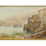 19/20th.C. CONTINENTAL SCHOOL. A COASTAL VIEW, WATERCOLOUR SIGNED INDISTINCTLY. 27 x 71cms.