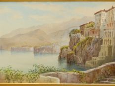 19/20th.C. CONTINENTAL SCHOOL. A COASTAL VIEW, WATERCOLOUR SIGNED INDISTINCTLY. 27 x 71cms.