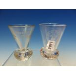 TWO MASONIC FIRING GLASSES, ONE FLARED BOWL ENGRAVED SHAKESPEARE No. 99 1757-1982 AND THE OTHER WITH