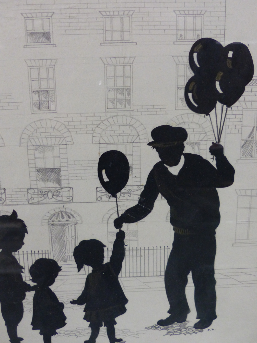 20th.C.ENGLISH SCHOOL. A SILHOUETTE OF A BALLOON VENDOR AND CHILDREN, INITIALLED I.B. PEN AND INK - Image 2 of 5