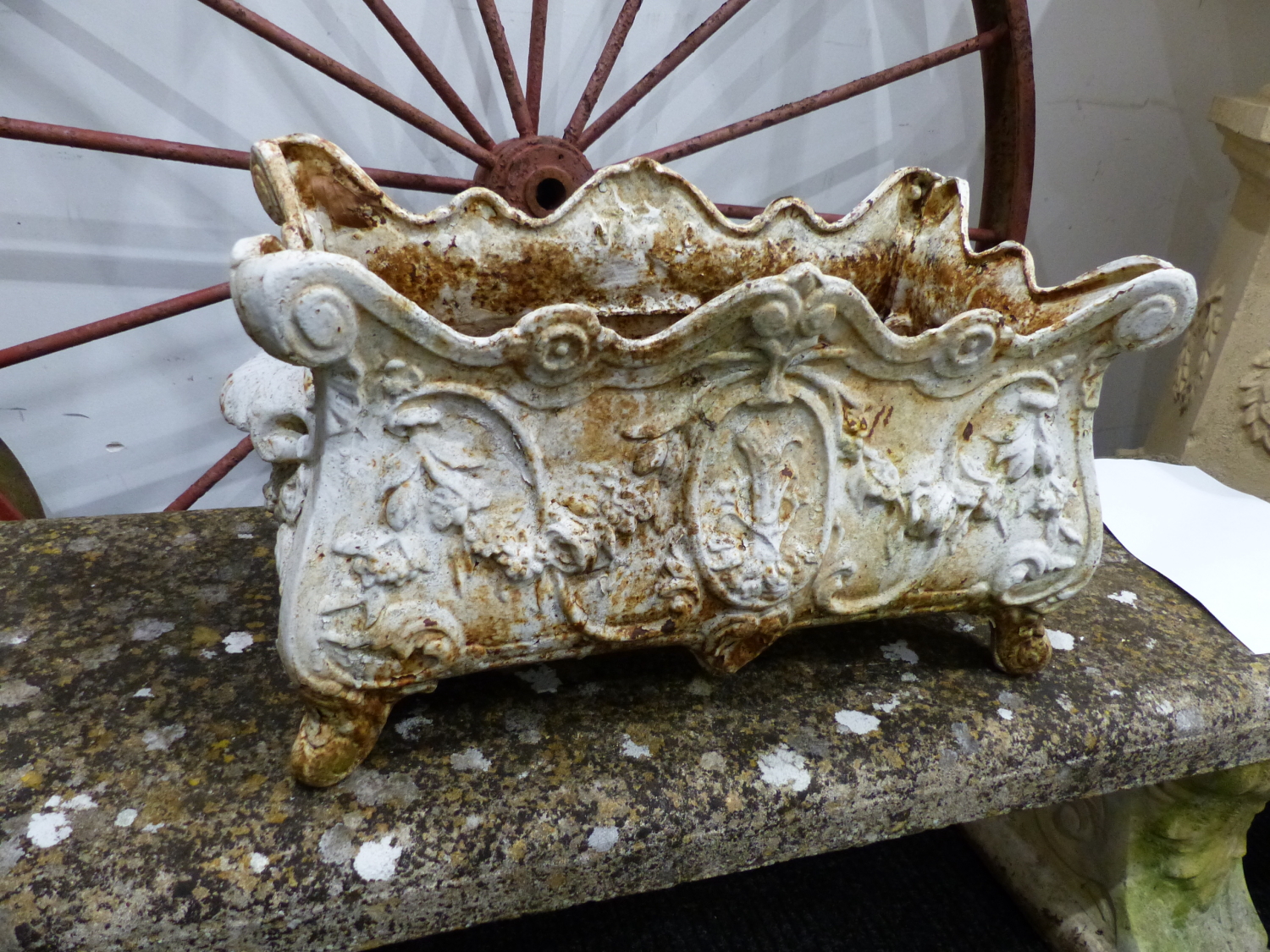 A PAIR OF VICTORIAN STYLE SMALL CAST IRON URNS ON PEDESTAL BASES AND A PAIR OF ROCOCO STYLE IRON - Image 3 of 4