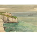JULIUS DELBOS. (1879-1970). ARR. NEEDLES, ISLE OF WIGHT, SIGNED WATERCOLOUR. 33 x 41cms.