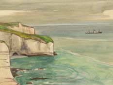 JULIUS DELBOS. (1879-1970). ARR. NEEDLES, ISLE OF WIGHT, SIGNED WATERCOLOUR. 33 x 41cms.