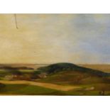 19th.C.SCHOOL POSSIBLY COLONIAL, A TOPOGRAPHICAL LANDSCAPE OF FARMS AND A COASTLINE, OIL ON