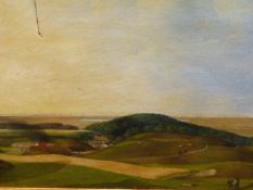 19th.C.SCHOOL POSSIBLY COLONIAL, A TOPOGRAPHICAL LANDSCAPE OF FARMS AND A COASTLINE, OIL ON