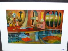 20th.C.SURREALIST SCHOOL. ABOVE AND BELOW, TEMPERA ON BOARD. 33 x 49cms.