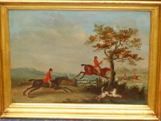 EARLY 19th.C.ENGLISH SCHOOL. FOUR HUNTING SCENES IN THE MANNER OF ALKEN, OIL ON METAL. 16.5 x