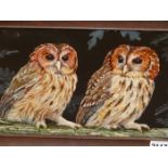 M. J. LABRAHAM. 20th.C.SCHOOL. ARR. TWO OWLS, SIGNED AND DATED 1979, OIL ON BOARD. 21 x 29cms.
