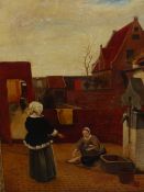 LATE 19th.C.SCHOOL AFTER THE DUTCH OLD MASTERS. GOSSIP BY THE WELL, OIL ON CANVAS 53 x 46cms.